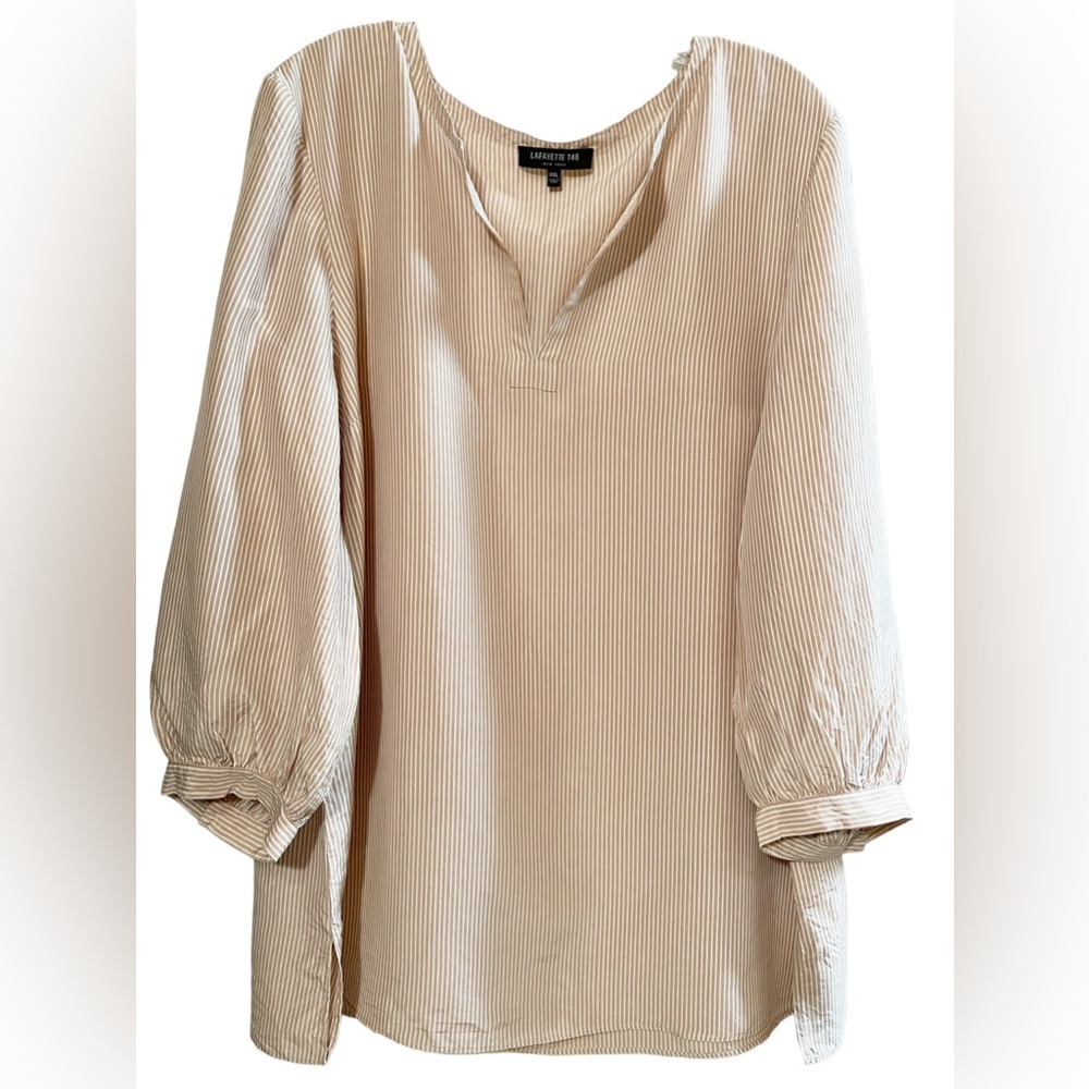 Lafayette 148 New York Gaia Signore Striped Silk Tan White Tunic Top  Sz XXL